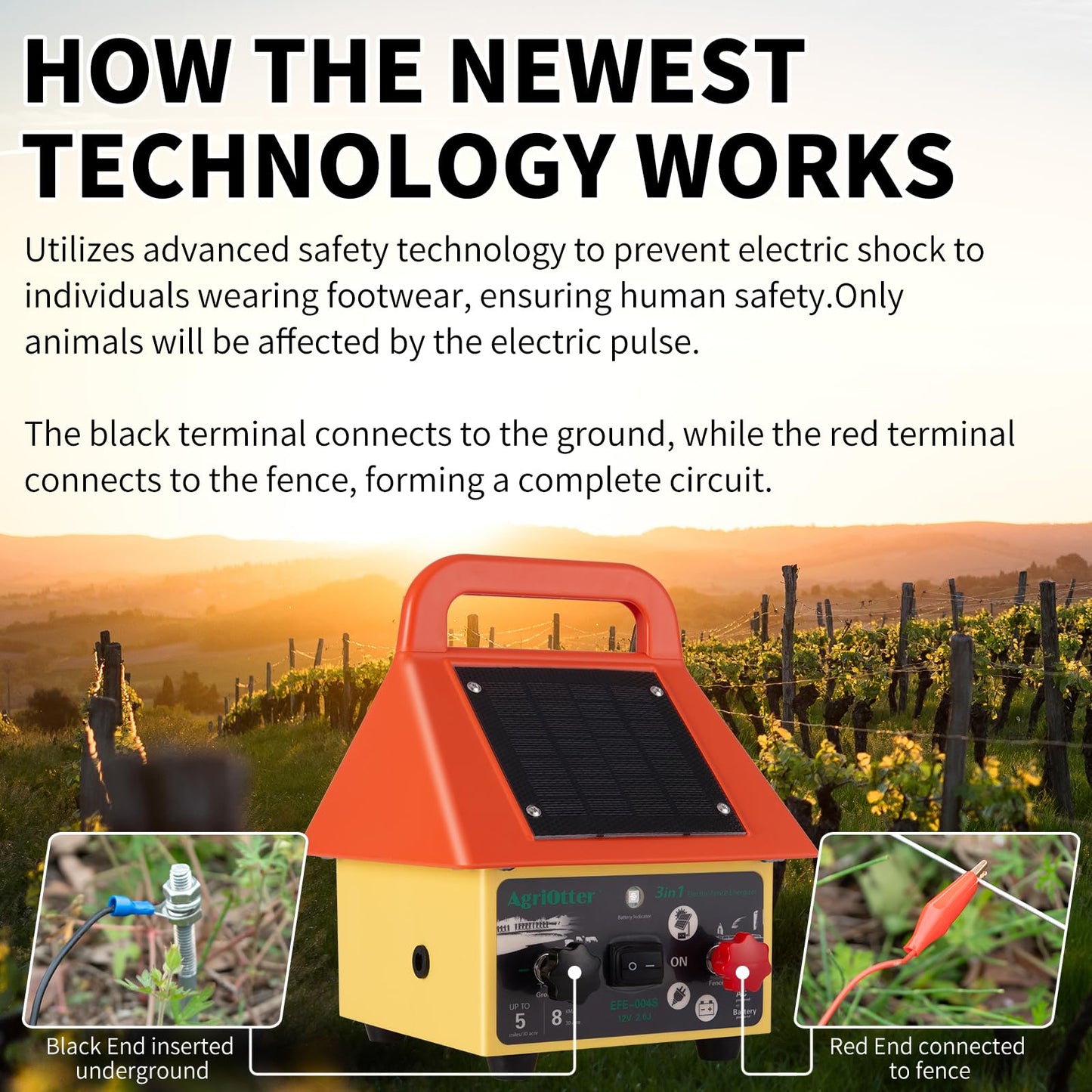 3-in-1 Electronic Fence Energizer Charger Solar/BatteryAC Powered Waterproof Design for Livestock Wildlife Control & Property Protection
