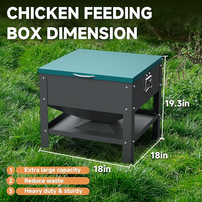 Automatic Chicken and Duck Feeder, 80 LBS Capacity Metal Chicken Feeder, Weatherproof Outdoor Gravity Feeding Barrel, No-Waste Feeder for Backyard Flock (Green)
