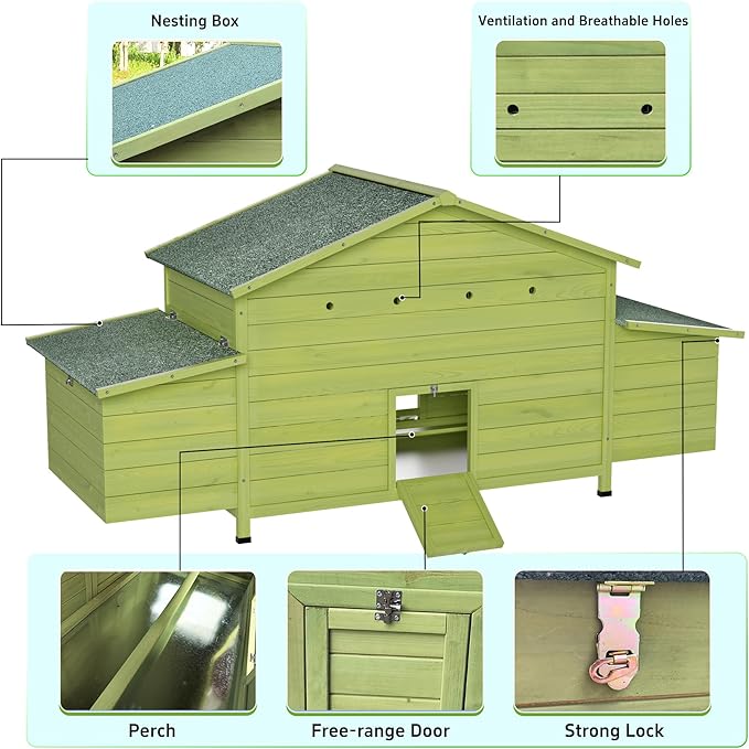 67.7" Large Wooden Chicken Coop for 4-6 Chickens,Outdoor Hen House Poultry Pet Hutch Cage with 2 Free-Range Doors,2 Side Nesting Boxes and Sliding Tray,Green