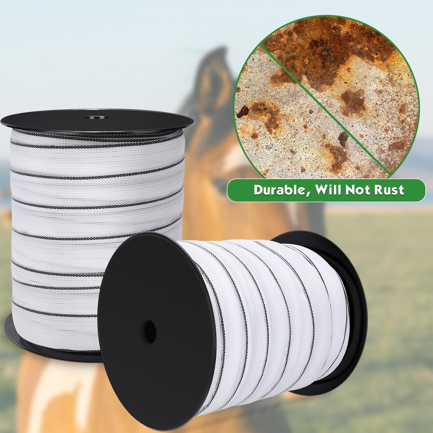 Wowangce 2 Pcs Poly Tapes for Electric Fence Horse Fence Tape Wire, 500 Feet(152.40m) Length Tape for Electric Fence, 2 Inch Wide(50.8mm) Fencing Tape for Livestock(White)