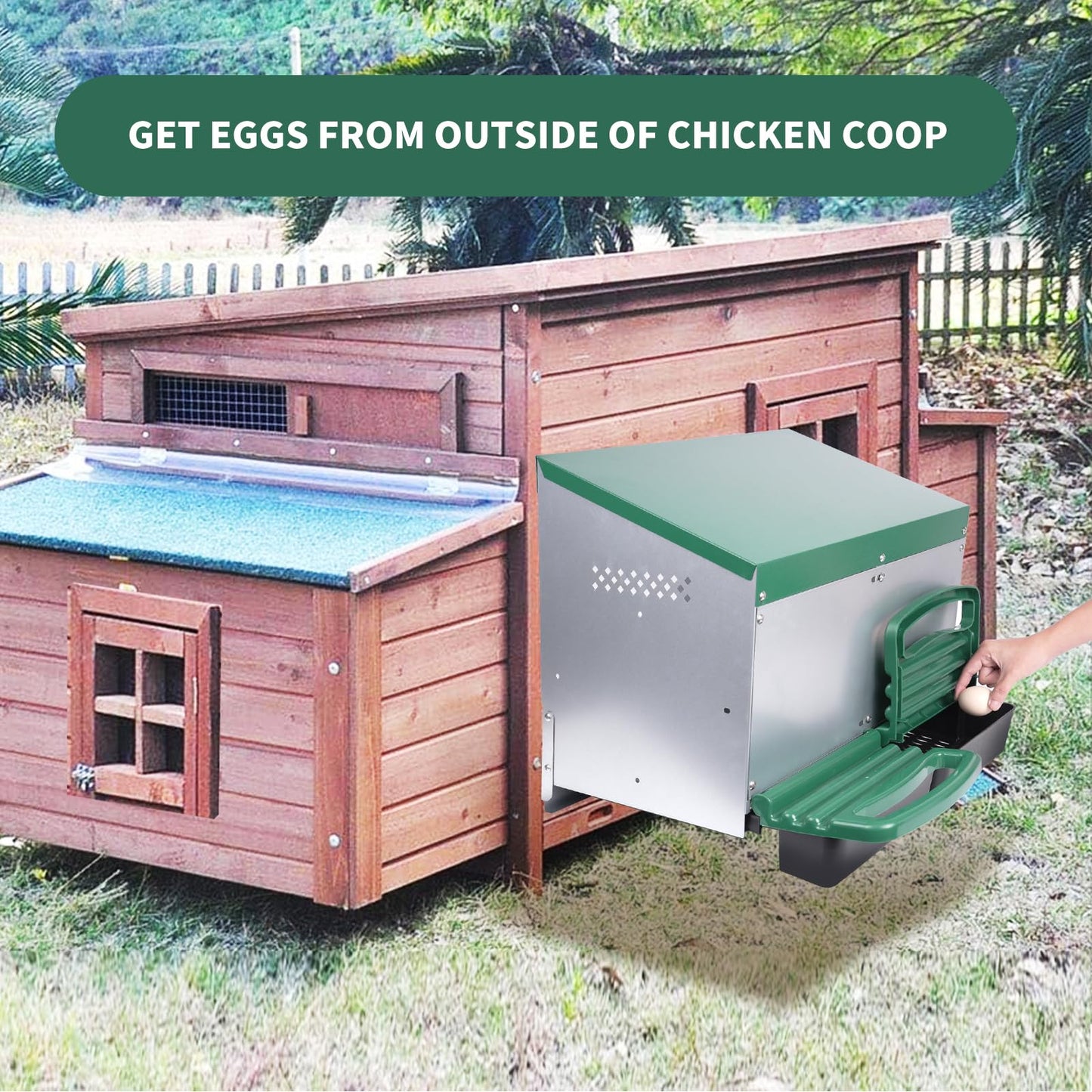 Chicken Nesting Box, 2 Holes Nesting Boxes, Heavy Duty Metal Laying Boxes, Roll Away Nesting Box Egg Collection Tray, with Roosting Pole for Chicken Coop(Green)