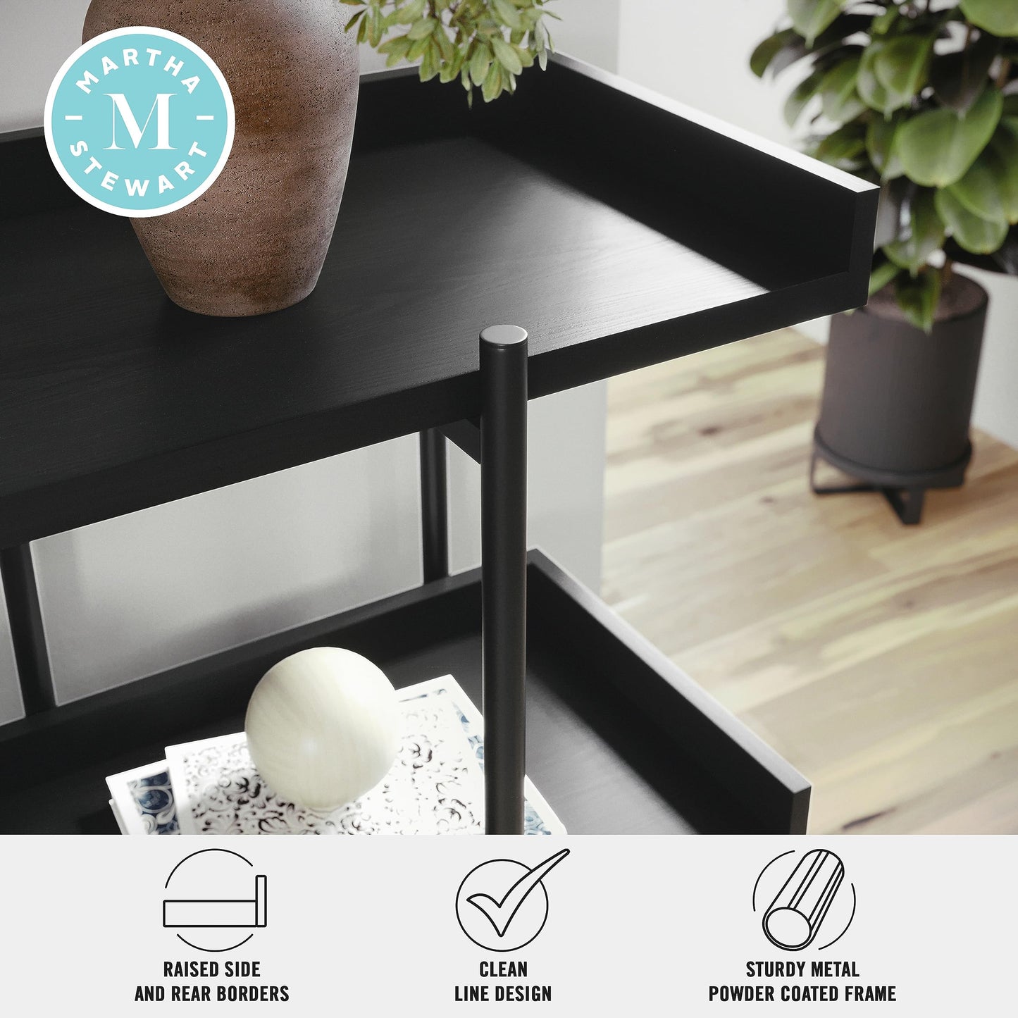 Martha Stewart Emmett 3 Shelf Bookcase with Vertical Metal Frame, Home Office Storage Display Unit, 35" H, Black Wood Grain/Oil Rubbed Bronze