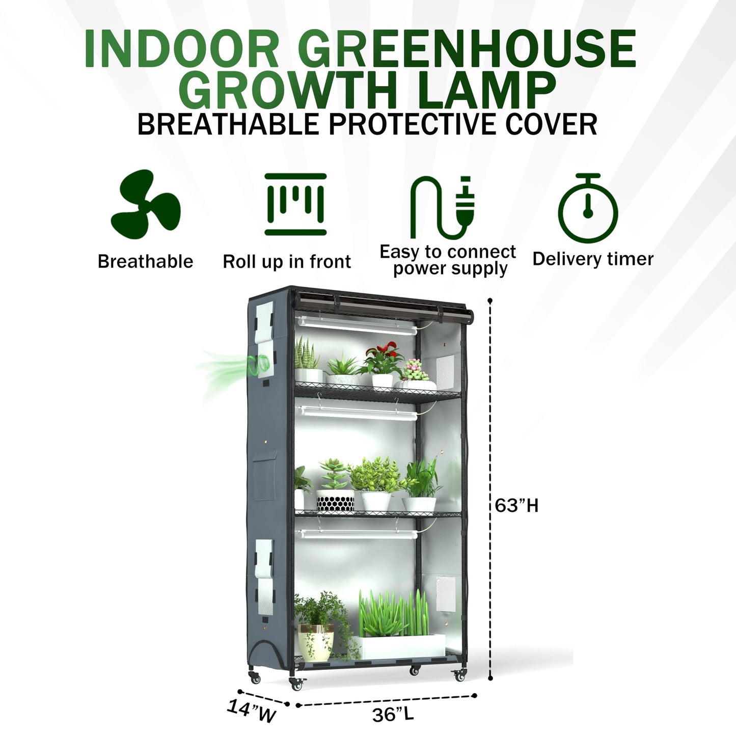 Zuwachs Indoor Greenhouse with Grow Lights, Plant Shelf, Black Tea PVC Cover - All-Weather Protection, 2 Tool Pockets, Zippered for Indoor Garden Kit, for Flowers Vegetables (36" L × 14" W × 63" H)
