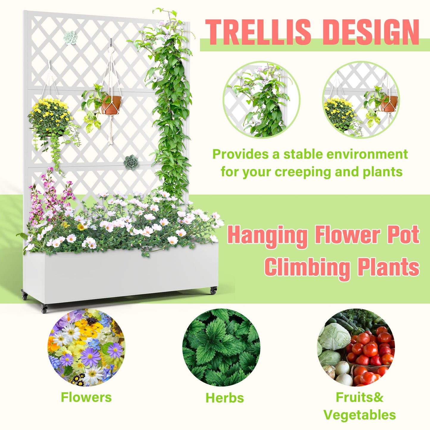 Metal Planter Box with Trellis, Raised Garder Bed with Drainage Hole, Privacy Screen & Trellis for Climbing Plants, Outdoor Plant Stands, 47''L×17''W×73''H, White