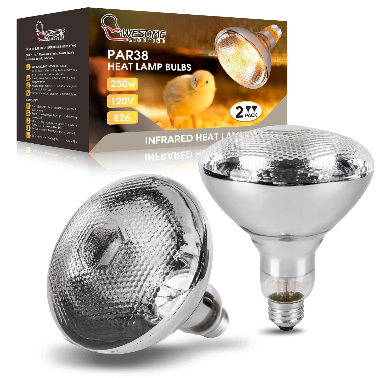 Wesome Lighting 250 Watt Heat Lamp Bulbs for Chickens, PAR38 Clear Glass Brooder Heat Lamp, Infrared Reflector Heat Bulbs for Pets, Bathroom, Food, Light Therapy 2 Pack