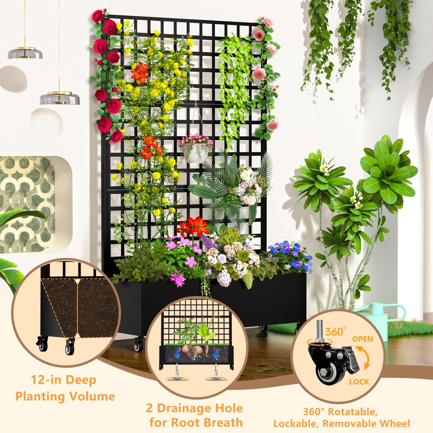 MTART Metal Planter Box with Trellis, 72"x47"x16" Outdoor Galvanized Raised Garden Bed with Privacy Screen & Drainage Holes & Lockable Casters for Climbing Plants, Vegetable, Vines (Black-Grid)