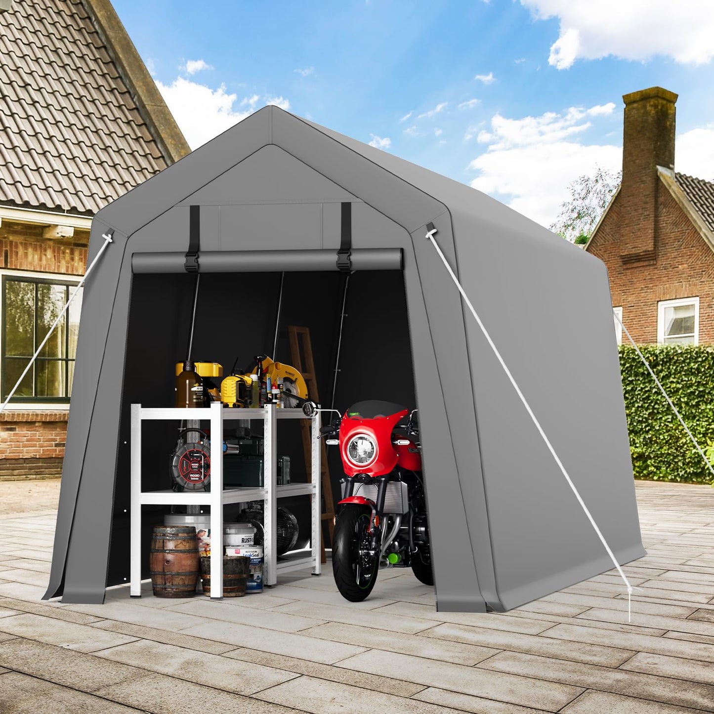 Garvee 7'x10' Outdoor Portable Storage Shed, Waterproof & UV-Resistant Garage Shelter with 2 Roll-Up Zipper Doors, Anti-Snow Carport Tent for Motorcycle, Bike, and Outdoor Equipment, Gray