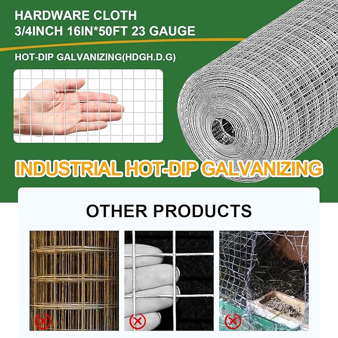 16in x 50Ft Hardware Cloth Hot-Dip Galvanized Welded Wire Mesh - Heavy Duty 3/4inch 23 Gauge Chicken Wire Fencing for Garden, Chicken Coop, Rabbit Cage, Rodent & Predator Protection