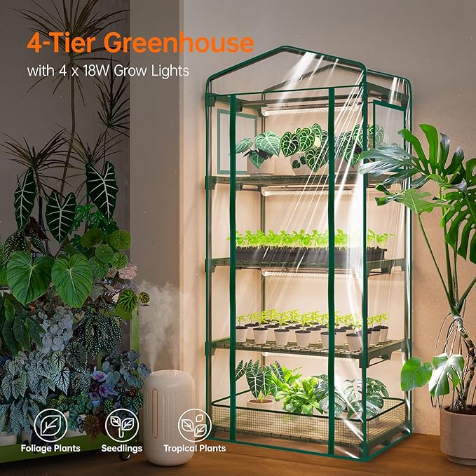 Bstrip Indoor Greenhouse with Grow Lights, PVC Tent with Waterproof Base Mat, Airflow Windows&Zippered Door, 4Pcs Grow Lights for Seed Starting with Timer, 4-Tier Greenhouse Shelf 27.2x19.3x61.8in