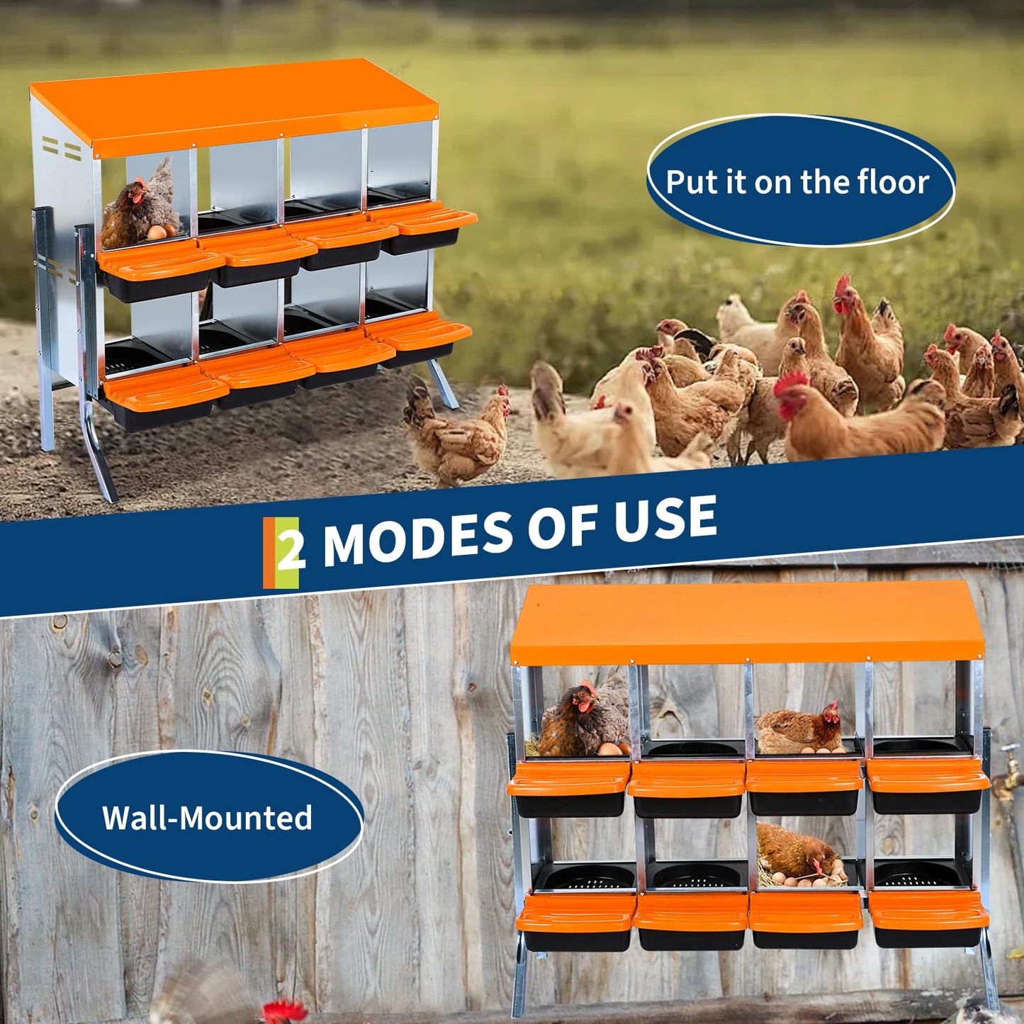 Chicken Nesting Box,8 Hole Roll Away Nesting Box for Laying Eggs,Wall Mount Chicken Nesting Boxes,Easy Egg Collection,Cleanable Pull Out Hen Roosting Boxes