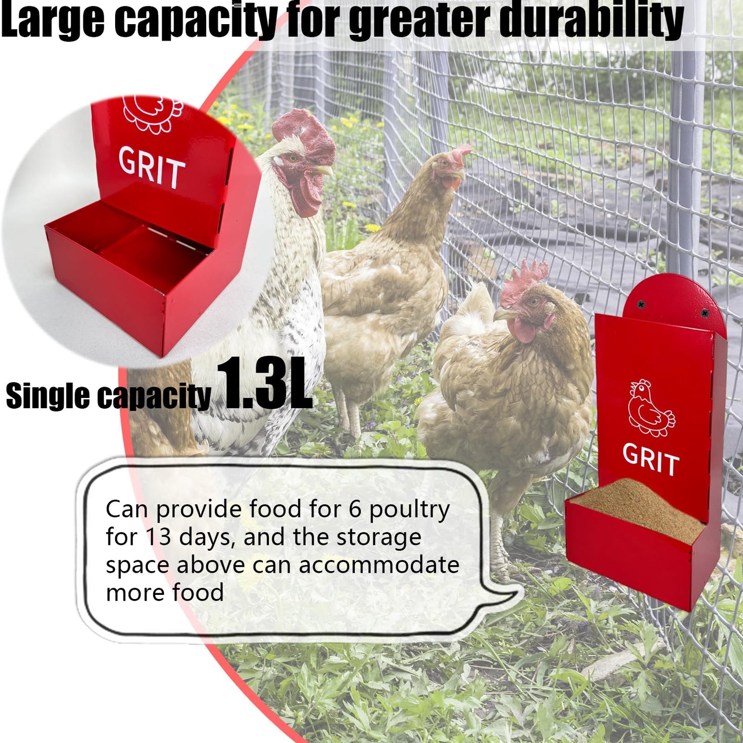 2PS Metal Chicken feeders, Oyster Shell and Grit Feeder, Large Capacity Chicken coop Accessories for Rust Prevention, Comes with Installation Tools, Suitable for breeding Farms and Farms