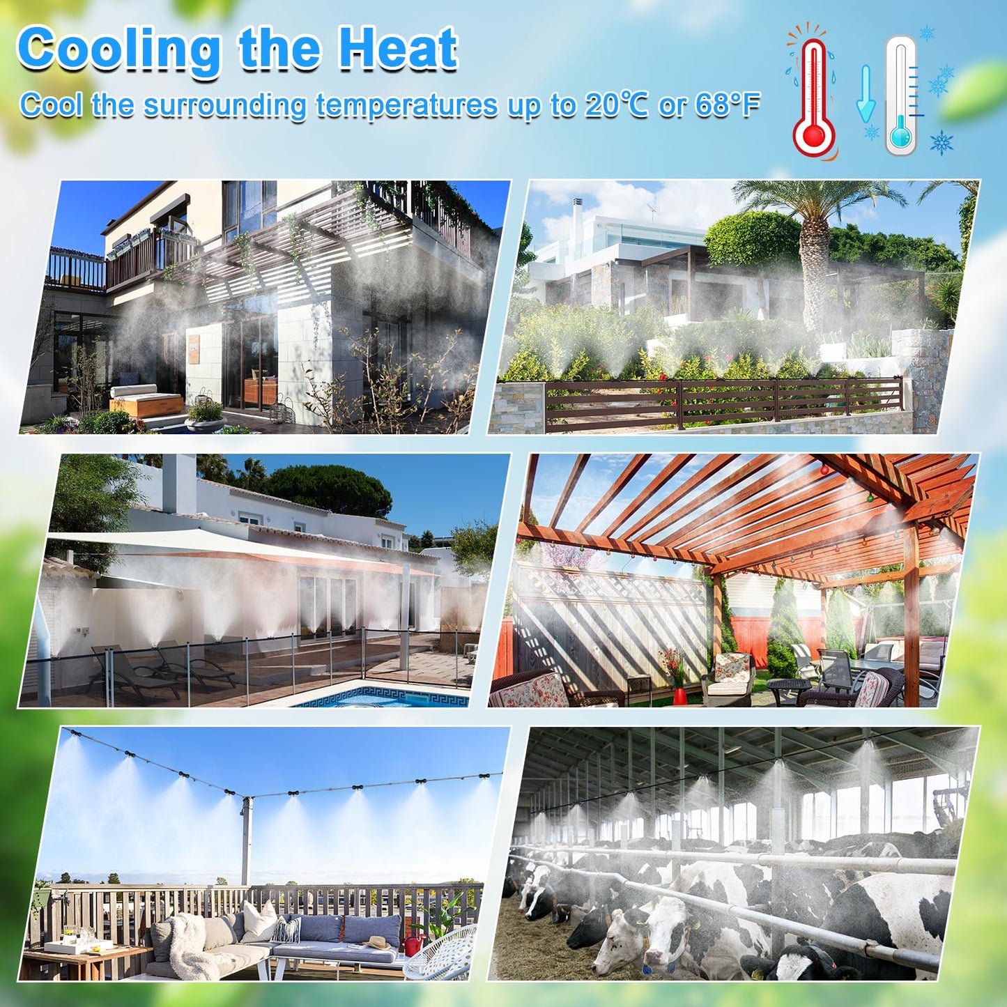 UBYNID Misters for Outside Patio, 60 FT Chicken Coop Misting Cooling System with 15 Mist Nozzles+Brass Adapter (3/4") DIY Outdoor Water Mister for Garden Trampoline Greenhouse Canopy