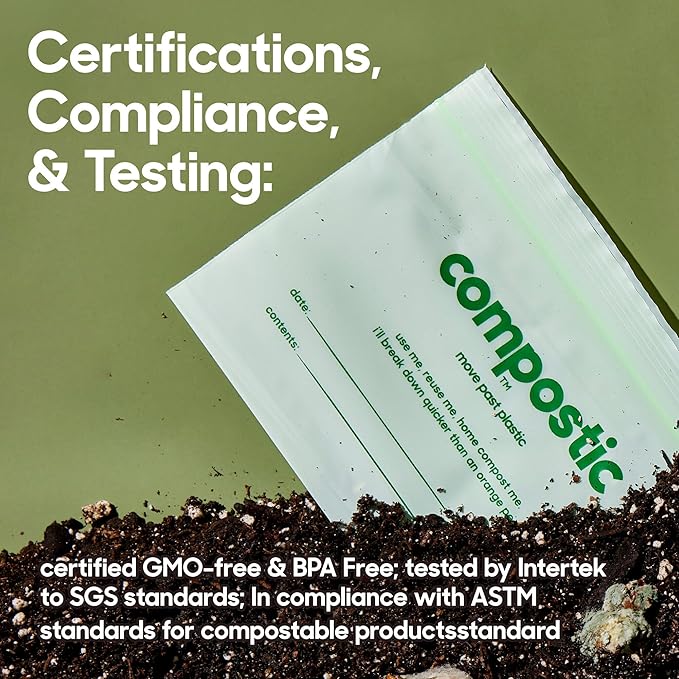 Compostic Home Compostable Resealable Snack Bags (6"x 3.5"), Microwave & Freezer Safe, Organic Food Storage Container, 100 Count