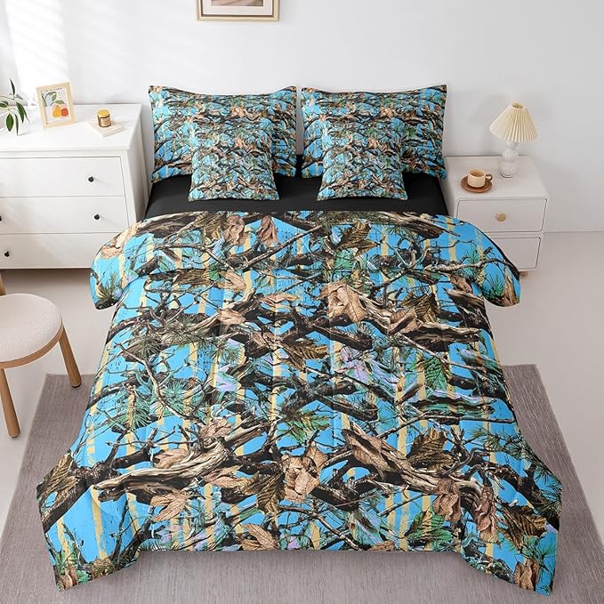 Feelyou Tree Branches 7 Pieces Bedding Set, for Kids Wild Hunting Leaf Bed Set Twin Size Botanical Tree Bed in a Bag with Comforter, Sheets, Pillowcases Bedroom Decor Nature Theme Blue Brown