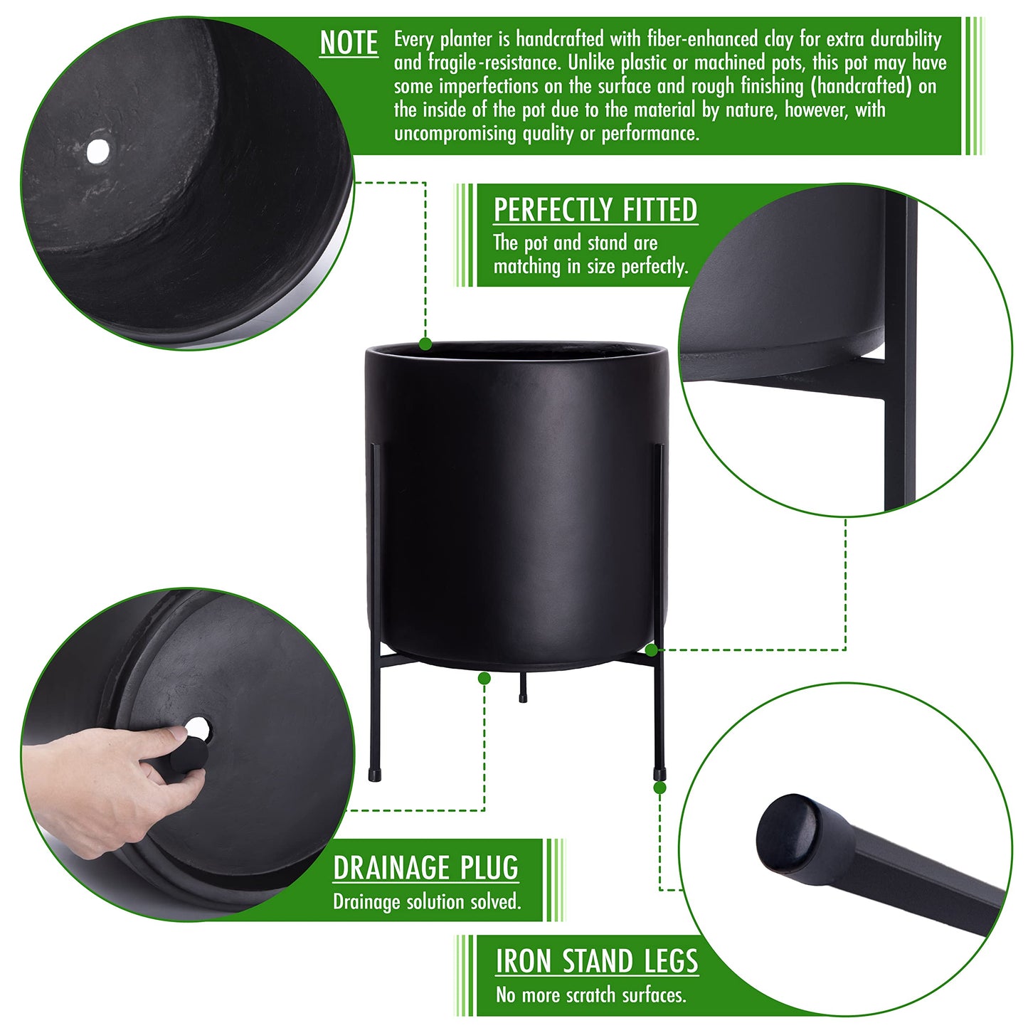 D'vine Dev Mid Century Plants Pot Cylinder Planter with Heavy Duty Stand, XX-Large 16 Inch Pot, 22.8 Inch with Stand Height, Black, 96-T-B-5