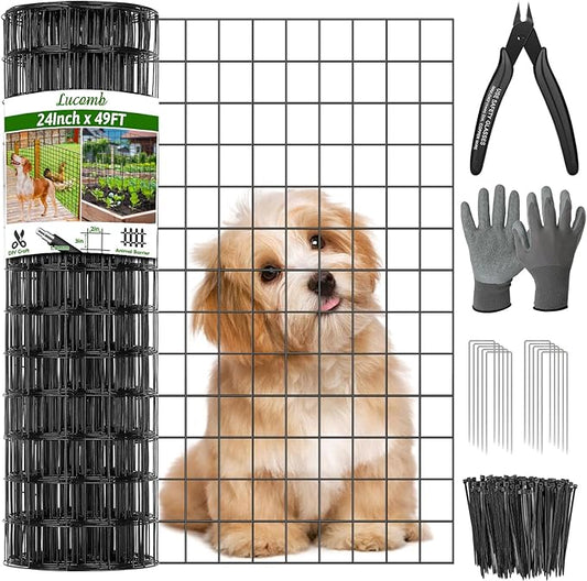 24 in x 49 Ft Welded Wire Fence Black PVC Coated Wire Mesh 2 x 3 in 14GA Garden Fence for Dog Border Fencing Roll Outdoor Animal Barrier Fence with U-Shape Hooks for Yard Plant Vegetable Protection