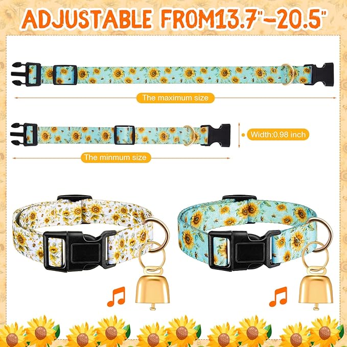Talltalk 2 Pack Goat Collars with Bells Grazing Copper Bell and Adjustable Nylon Collar Set Loud Bronze Bell for Farm Sheep Cow Sheep Dog Accessories Christmas Thanksgiving Gift(Sunflower)