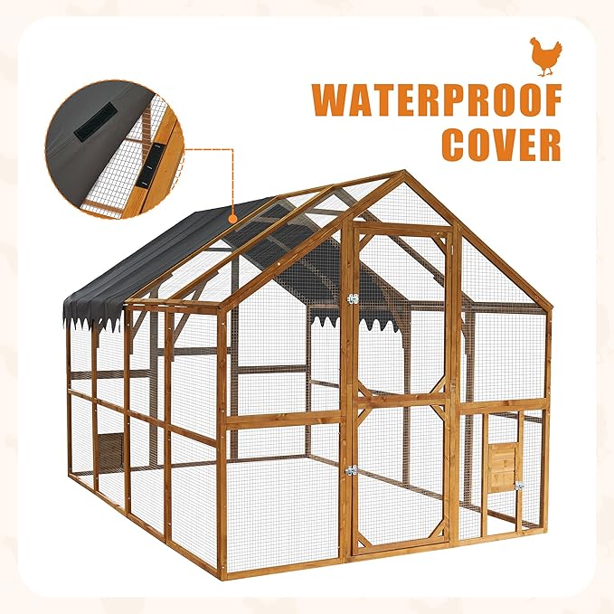 109.6'' Large Wood Chicken Coop Enclosures,Walk-in Poultry Cage, Chicken Run Pen Duck House with Waterproof and Anti-Ultraviolet Cover for Outdoor Farm Use Spire Roof, Yellow