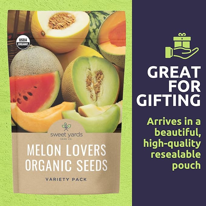Organic Melon Seeds Variety Pack - 10 Individual Packs - 2025 Season - Sugar Baby, Charentais, Hearts of Gold and More! for Indoor & Outdoor Planting (Non-GMO, Certified Organic)