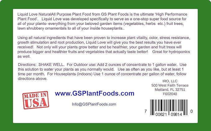 Liquid Love - All Purpose Liquid Fertilizer by GS Plant Foods (32 oz) - Natural Fertilizer for Vegetables, Herb Gardens, House Plants, Fruit Trees, Lawns & Shrubs