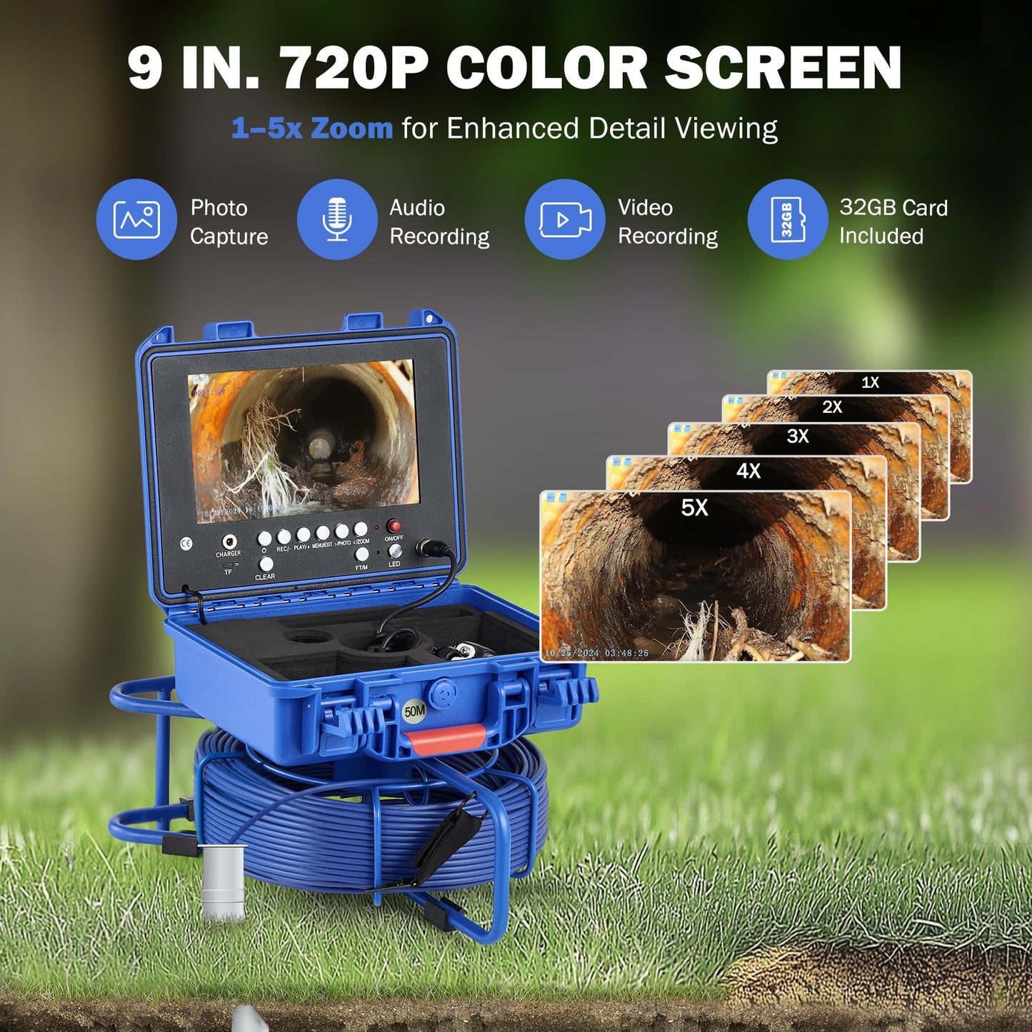ZELCAN Self-Leveling Sewer Camera with Locator, Drain Camera 165FT with 9 in. LCD Screen, Waterproof IP68 Borescope Plumbing with 12 LED Lights, with 512Hz Transmitter and Receiver(32GB Card)