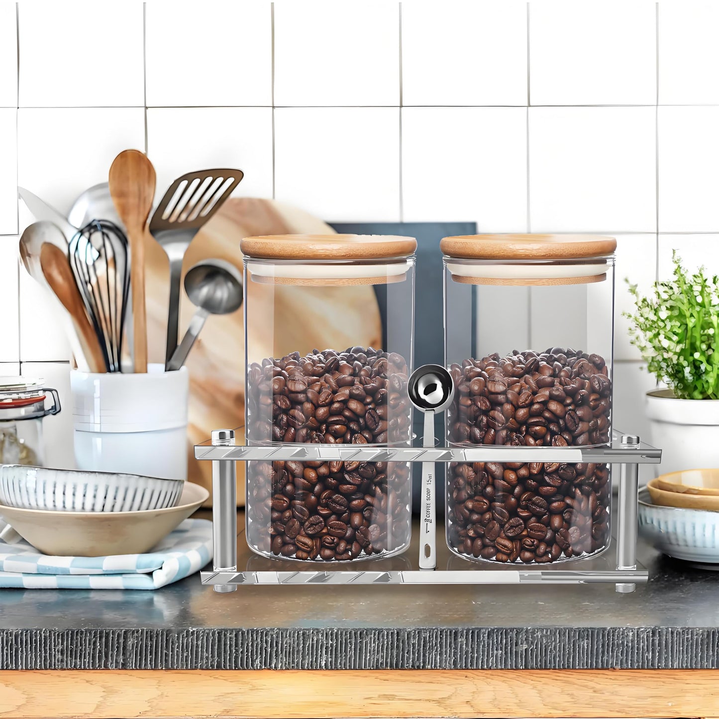 Pahdecor Glass Coffee Containers with Acrylic Shelf, 2pcs 44oz Food Storage Containers with Airtight Lids for Kitchen, Sugar, Nut, Tea