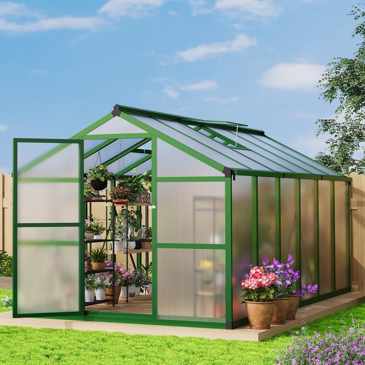 8x12 FT Polycarbonate Greenhouse with Roof Vent - Large Aluminum Walk-in Greenhouse Kit for Gardening, Backyard, Patio, Lawn - Easy Assembly