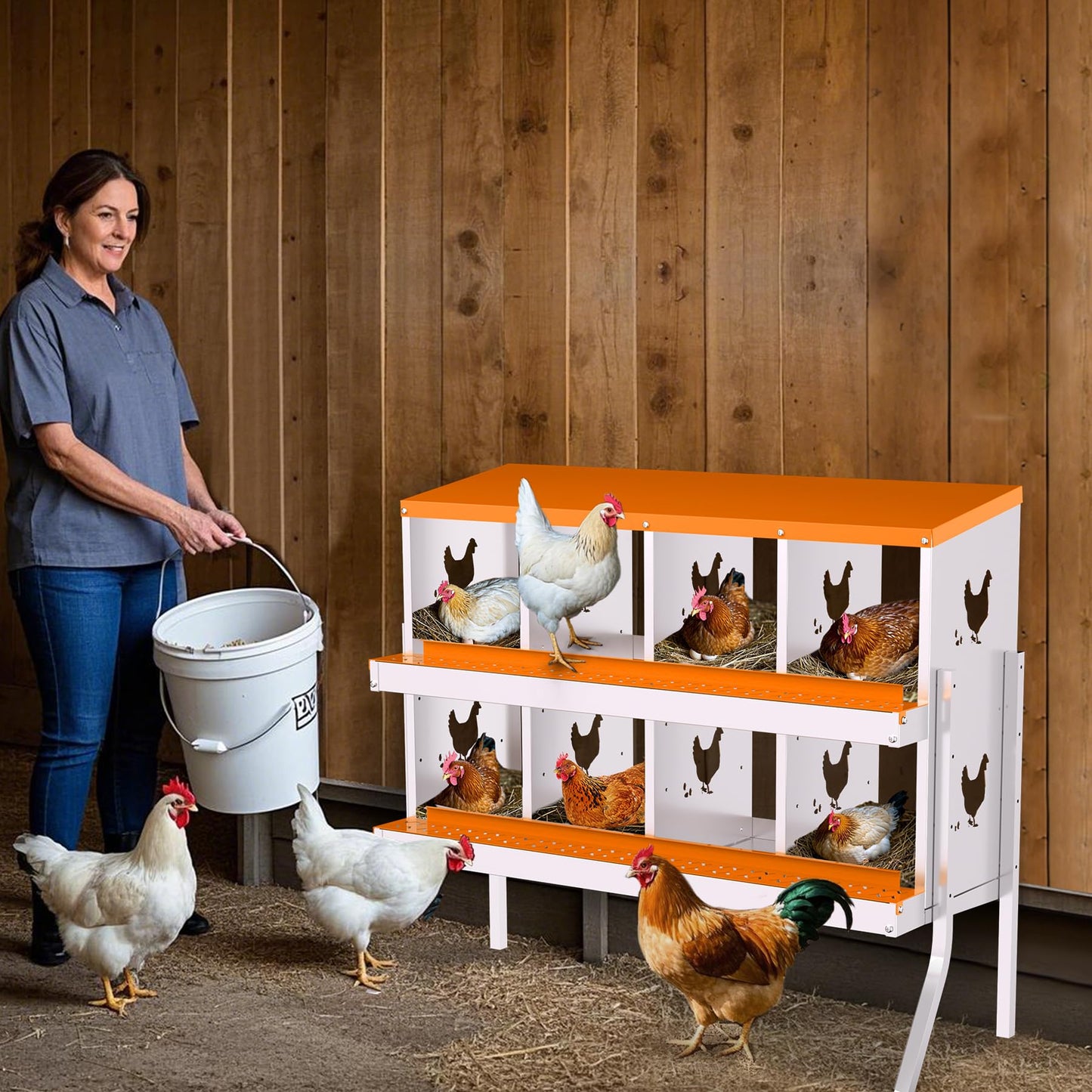 Chicken Nesting Box with Removable Tray,8 Compartment Nesting Boxes for Chickens,Easy to Clean and Install,Durable Chicken Laying Boxes for Chicken Coop,Protects Eggs-with Bracket Legs (Orange)