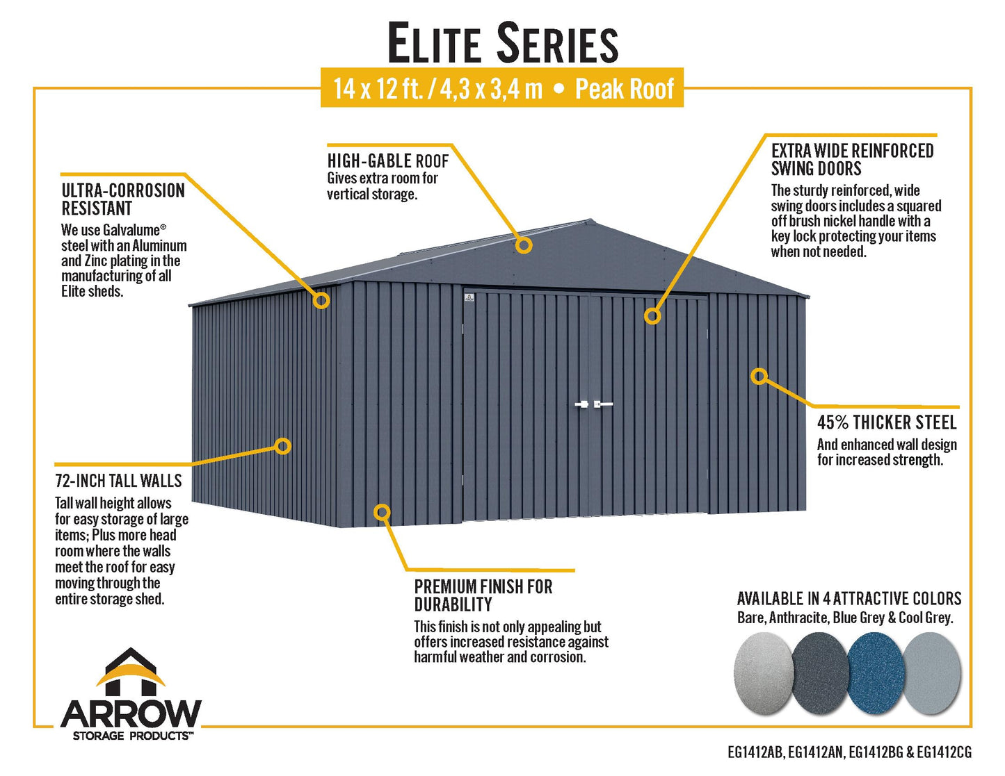 Arrow Shed Elite 14' x 12' Tall Outdoor Steel Storage Shed with High Gable and Lockable Doors Storage Building, Cool Grey