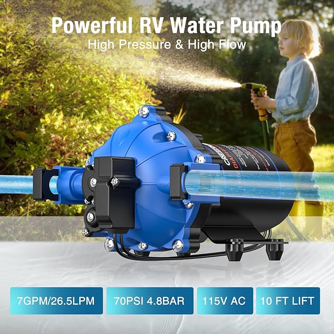 CrestWave 110V Water Pressure Booster Pump, 7GPM 70PSI, 5-Chamber Diaphragm Pump with Quick Connect Ports, Self-Priming Water Pump with Pressure Switch & Strainer for RV, Domestic, Irrigation, Marine