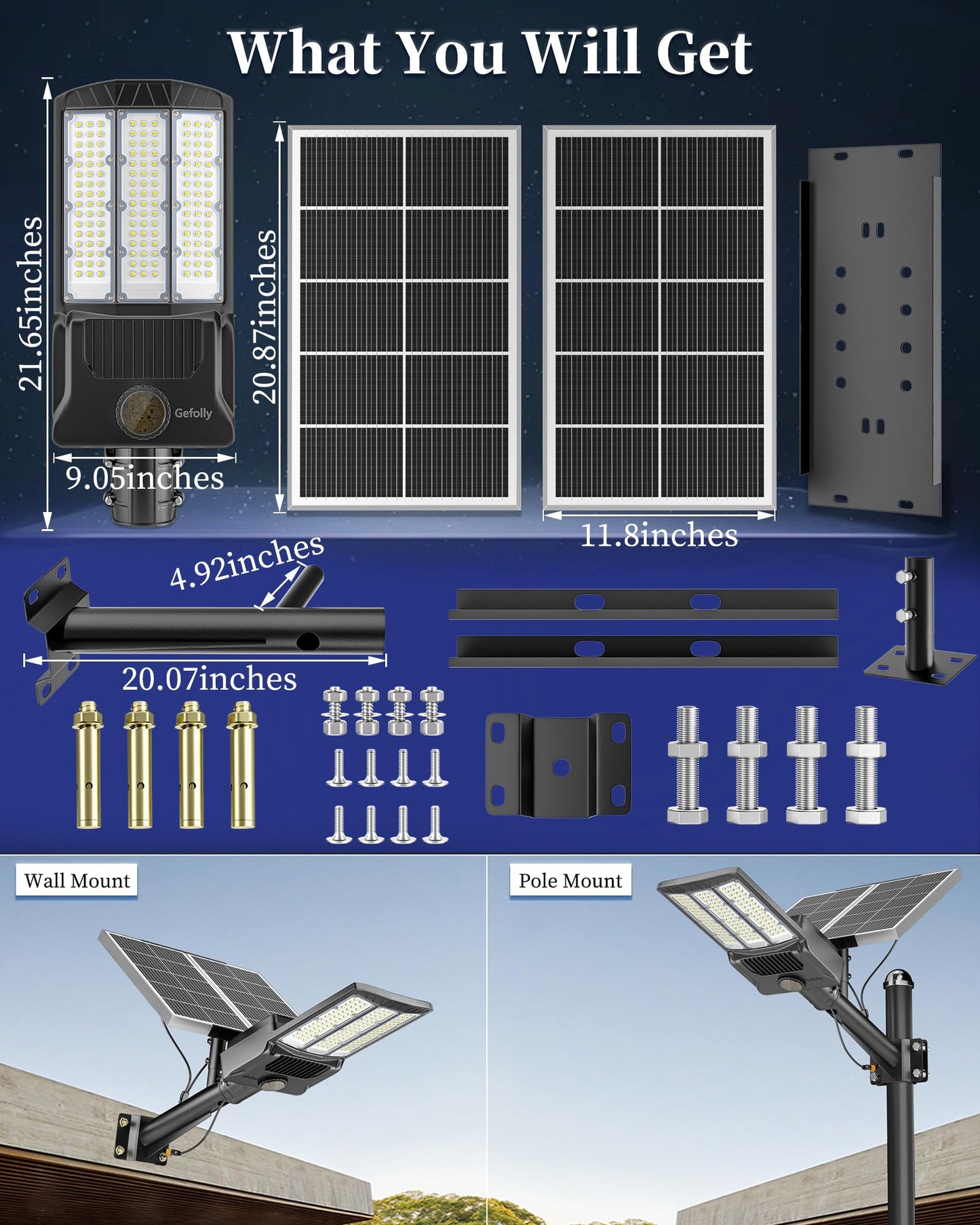 Gefolly SL-12000W Solar Street Light Outdoor 900000LM Wide Angle Commercial Parking Lot Lights Dusk to Dawn 6500K Flood Security Light IP67 Lamp for Basketball Court, Yard, Road