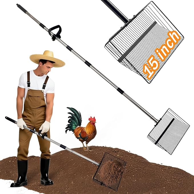 15inch Large Chicken Poop Scooper for Sand with Ergonomic Grip,Chicken Coop Accessories with 37" to 75" Adjustable Stainless Steel Handle - Heavy Duty Sifting Coop Scoop