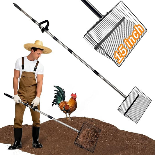 15inch Large Chicken Poop Scooper for Sand with Ergonomic Grip,Chicken Coop Accessories with 37" to 75" Adjustable Stainless Steel Handle - Heavy Duty Sifting Coop Scoop