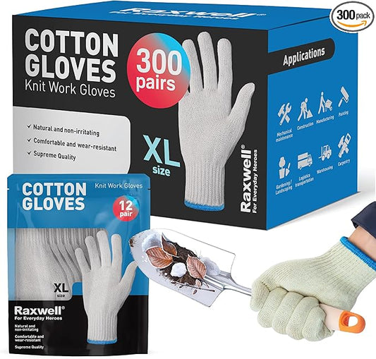 Raxwell White Cotton Gloves, 300 Pairs Bulk Case – Durable Knit Work Liners for BBQ, Painting, Gardening, Industrial, Mechanical Use, X-Large Size, Breathable, Comfortable