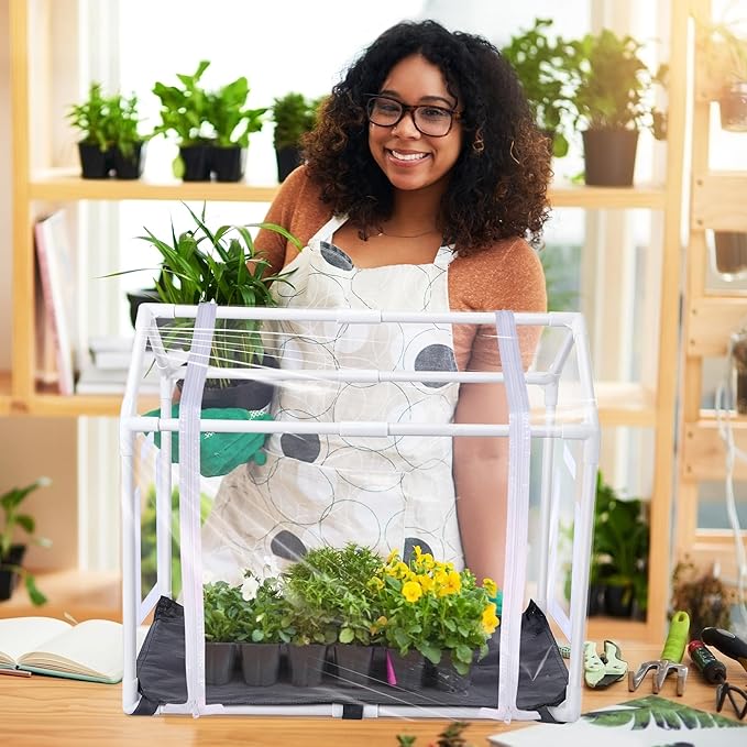 Meonum Mini Greenhouse with Potting Mat for Indoor Plant, Heavy Duty Portable Green House with Waterproof Pot Pad for Small Plants, Clear Small Plant Tent for Seed Humidity