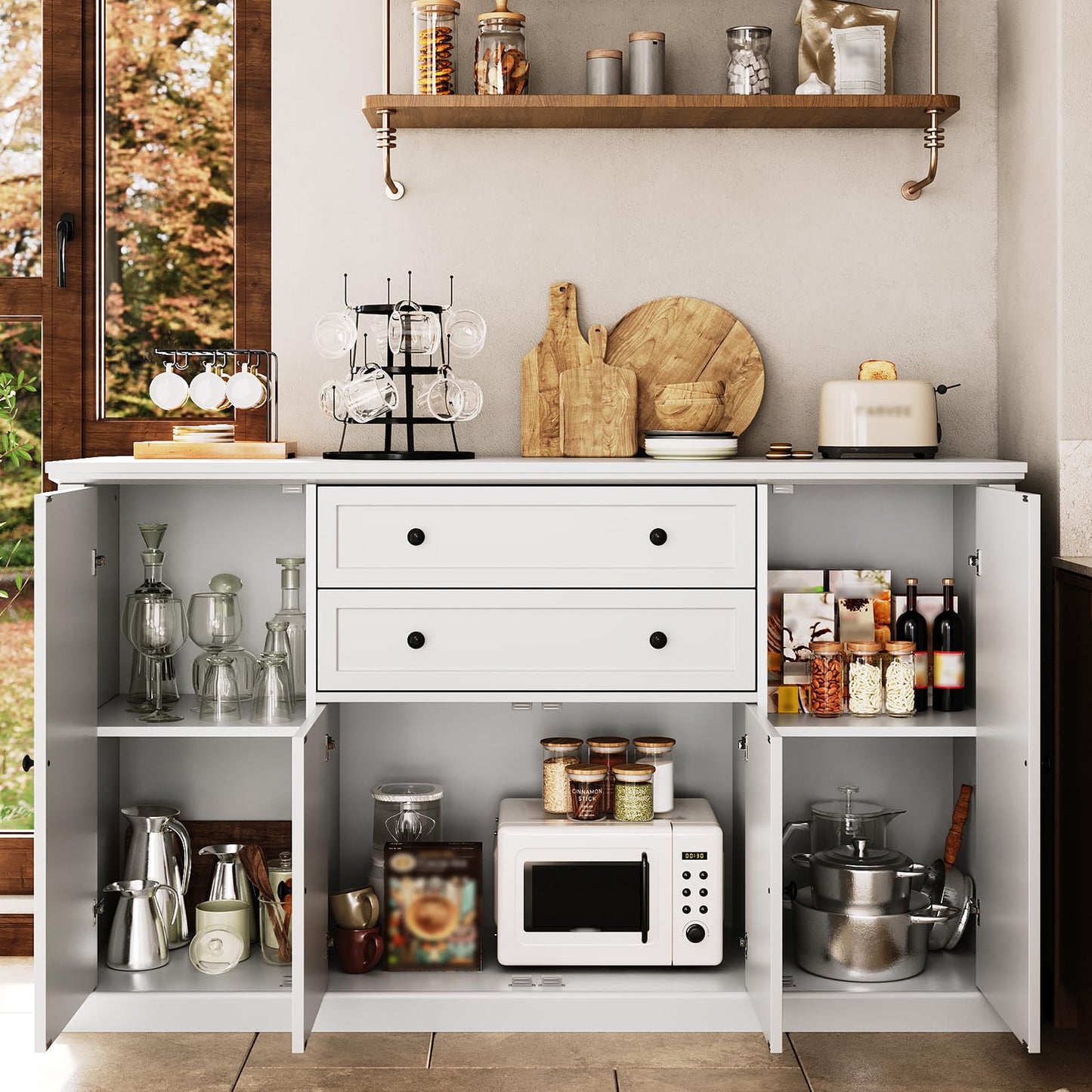 Farmhouse 58" Sideboard Buffet Cabinet with Storage, Sideboard Cabinet with 2 Drawers and 4 Grooved Barn Doors, Wood Coffee Bar Buffet Table for Kitchen, Dining Room- White