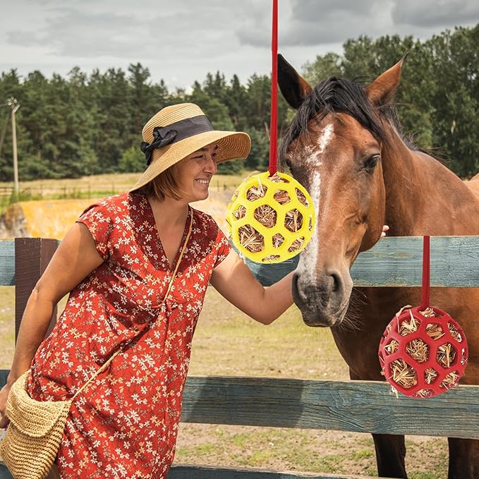 Goat Feeder Hanging Feeding Toy,Horse Treat Hay Feeder Toy, Durable TPR Feeding,for Horse Goat Sheep Relieve Stress,Stretch-Resistant Design(2pcs,Red+Yellow)