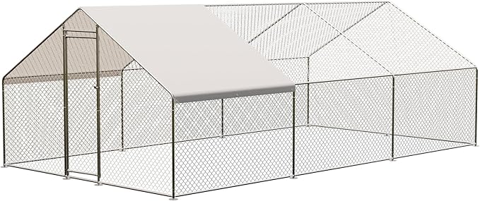Large Metal Chicken Coop Run, 9.8L x 19.7W x 6.6HFt Chicken Runs for Yard with Cover and Waterproof and Anti-Ultraviolet, Spire Roof Metal Chicken Coop with Lock for Backyard, Duck, Rabbit