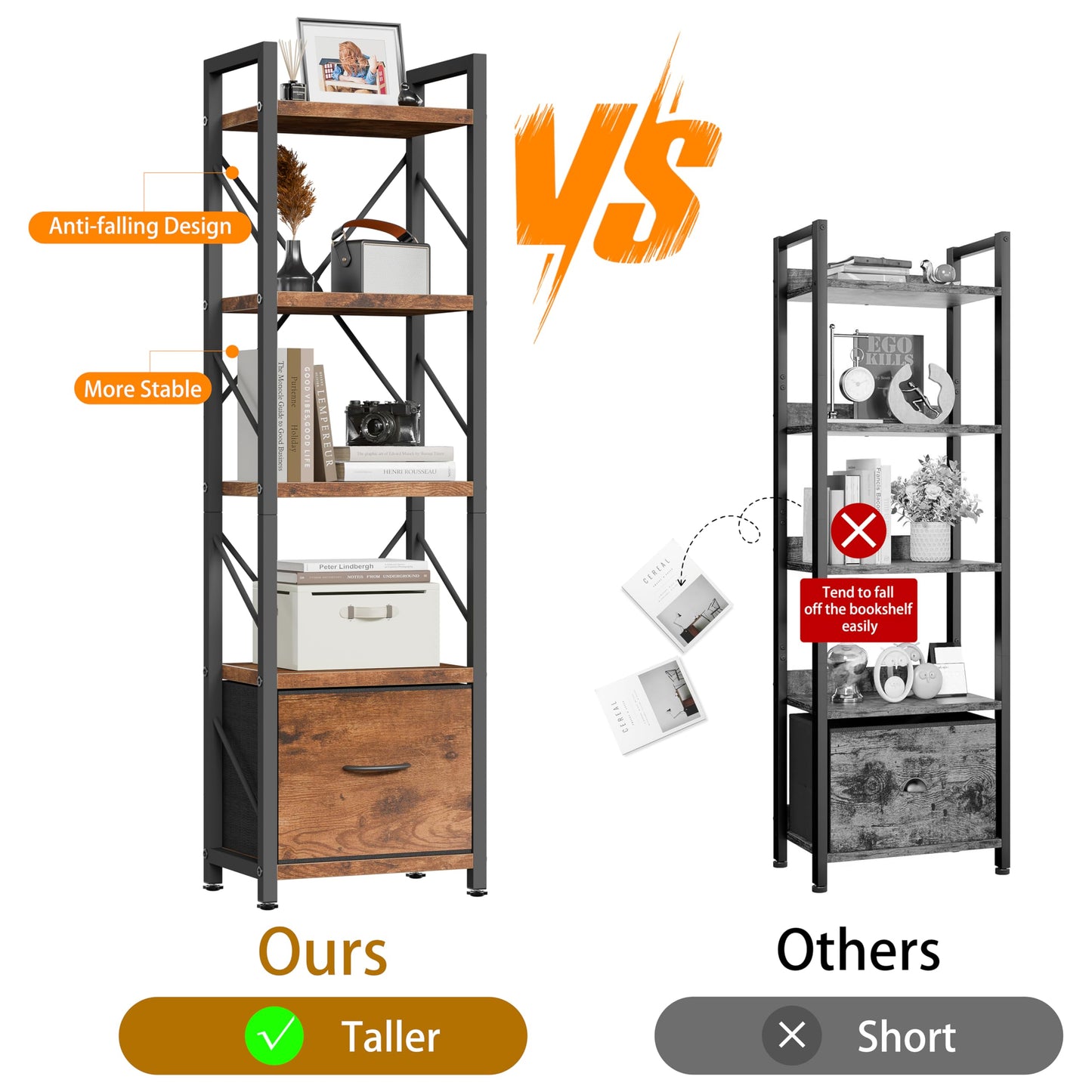 Shintenchi Bookshelf, 5 Tier Bookcase with Drawer,Home Office Bookcase Shelf Storage Organizer,Metal and Wood Industrial Bookshelves for Bedroom, Living Room and Home Office,Rustic Brown