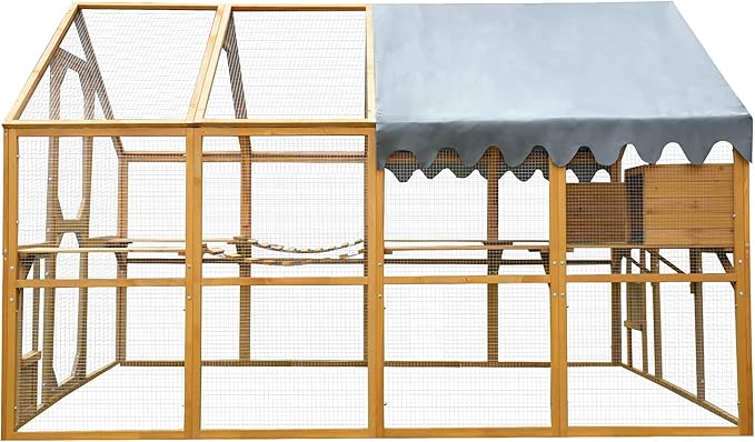 109.6'' Large Wood Chicken Coop Enclosures,Walk-in Poultry Cage, Chicken Run Pen Duck House with Walking Platforms & 2 Napping Houses,Waterproof and Anti-Ultraviolet Cover,Yellow