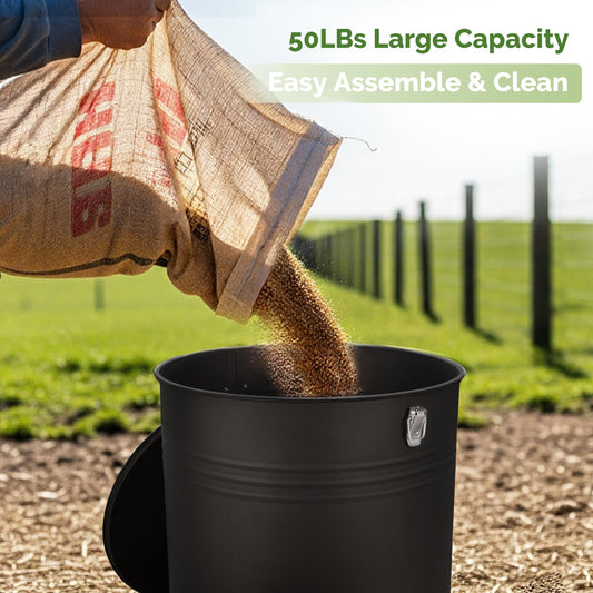 Solution4Patio 50LB No-Waste Chicken Feeder, Large Capacity Gravity Dispenser with Spill Control & 16 Feeding Ports Poultry Feeder for Outdoors & Hen Coop (Black)