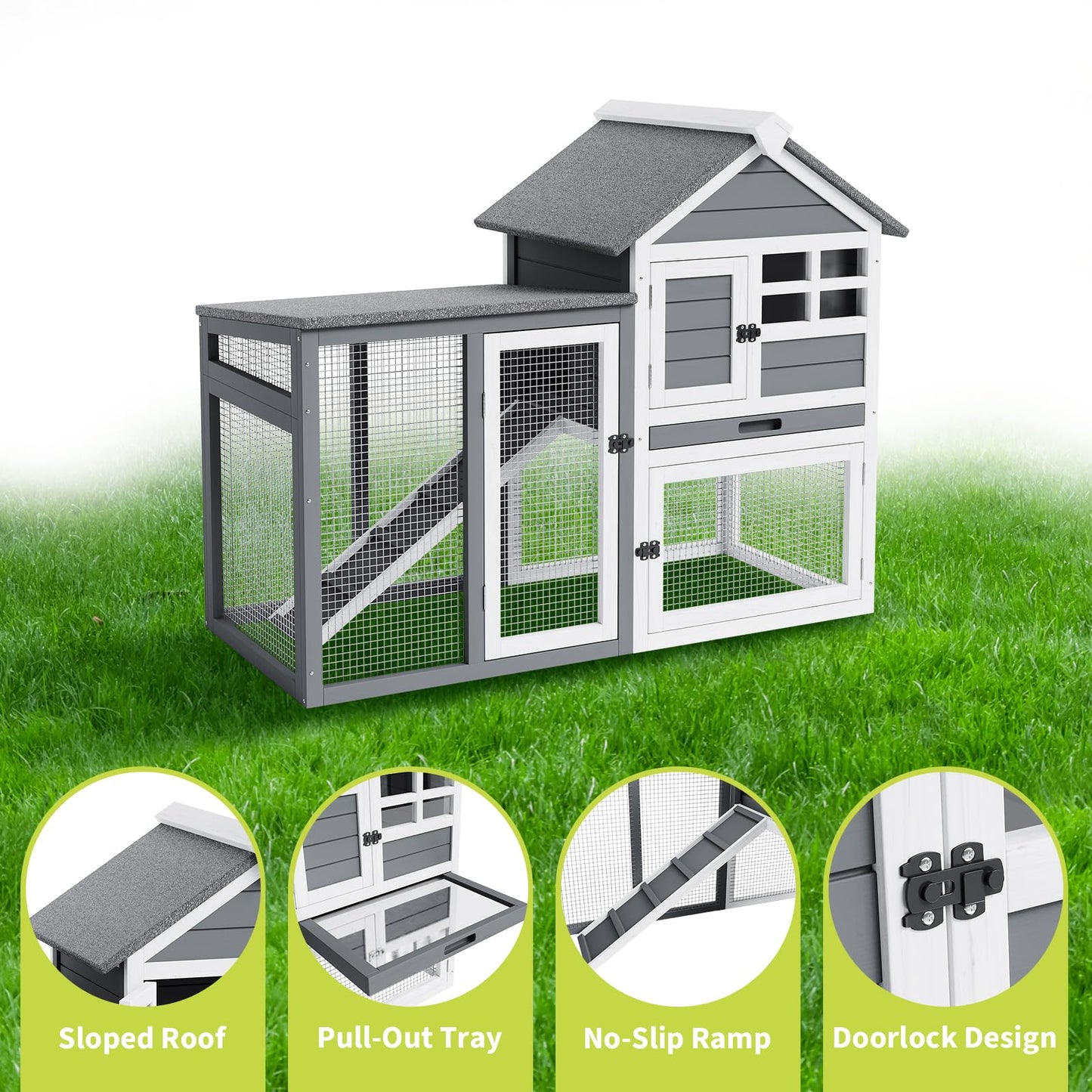 2-Story Rabbit Hutch, Small Wooden Chicken Coop, with Waterproof Roof, Pull Out Tray and Anti-Slip Ramp, Bunny Cage for Indoor Outdoor (45.28" L x 20.08" W x 36.61" H)