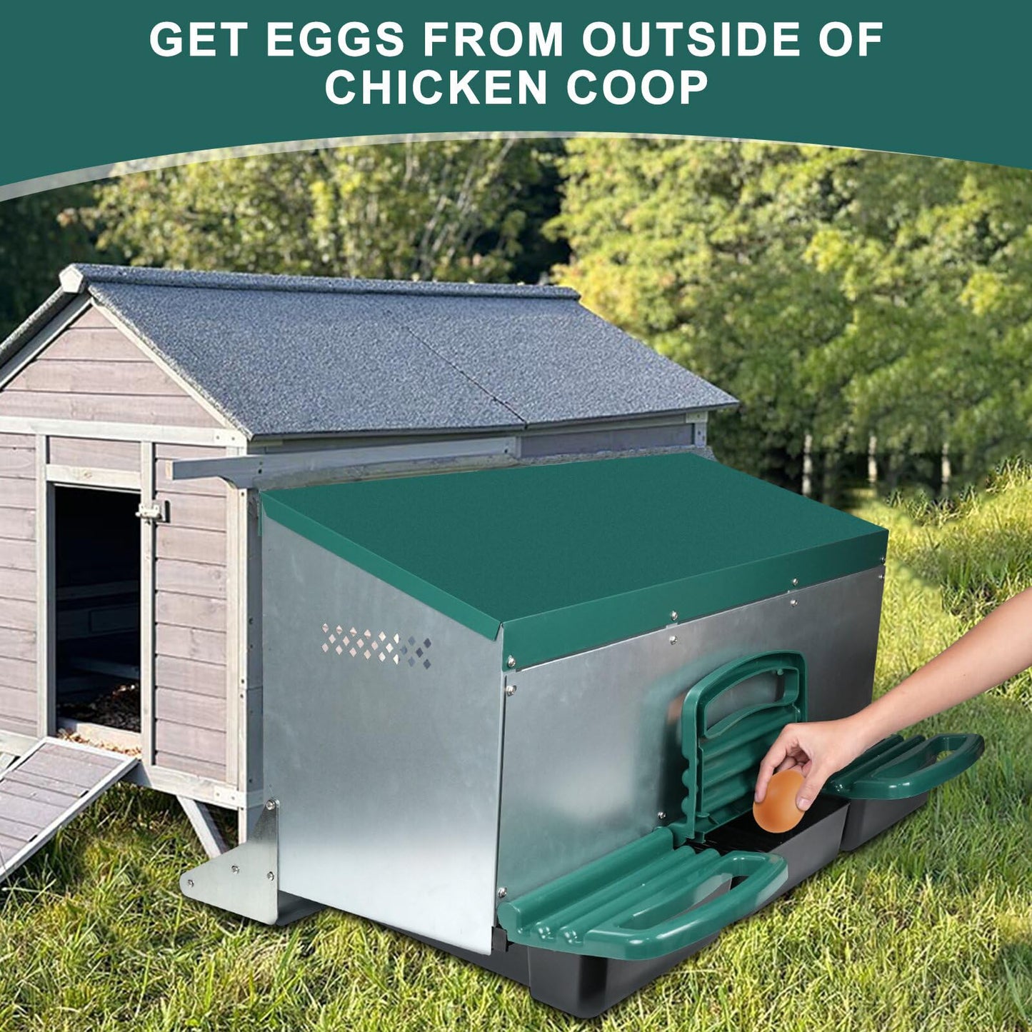 Chicken Nesting Box, 3 Holes Nesting Boxes, Heavy Duty Metal Laying Boxes, Roll Away Nesting Box Egg Collection Tray, with Roosting Pole for Chicken Coop(Green)