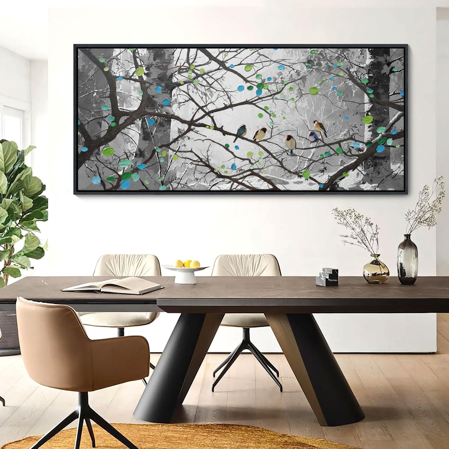 YCPRIMER Extra Large Grey Wall Art Bird on Branch Misty Forest Canvas Artwork Modern Framed Canvas Painting Decorative Home Decor Easy Be Hung Directly Dining Room Living Room Bedroom Office Size 70x31 Inches