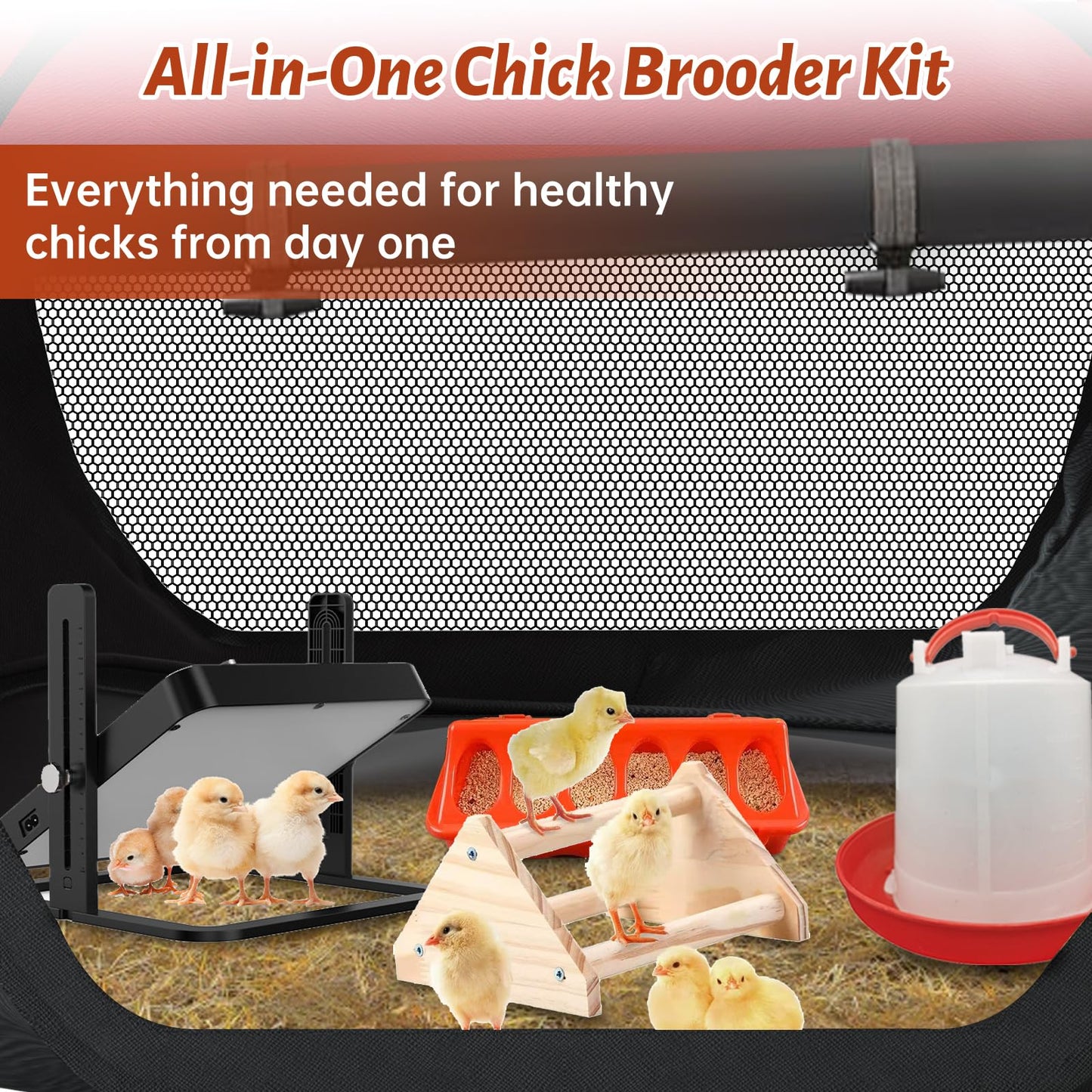 Brooder Box for Chicks, Chicken Starter Kit with Harness Leash, Brooder Heating Plate, Nesting Pad, Chicken Waterer, Feeder, Perch, Dual Door Chick Brooder Set, Pop Up Playpen Tent for Duck Quail