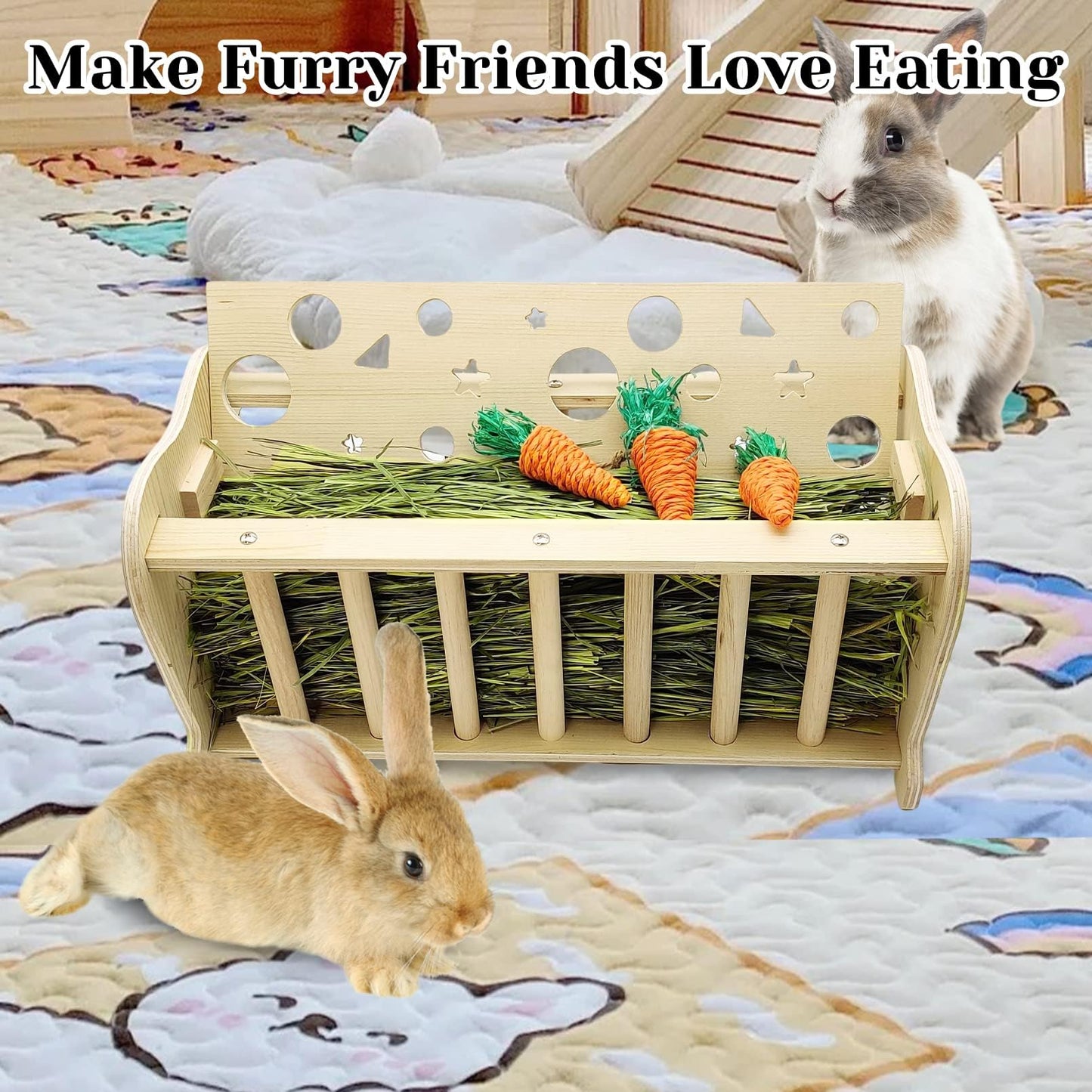 Hamiledyi Rabbit Hay Feeder Bunny Hay Holder Guinea Pig Hay Feeder Bunny Hay Manger Wooden Hay Rack Hay Dispenser Small Animal Hay Feeder Cage Accessories for Bunny Chinchilla Guinea Pigs