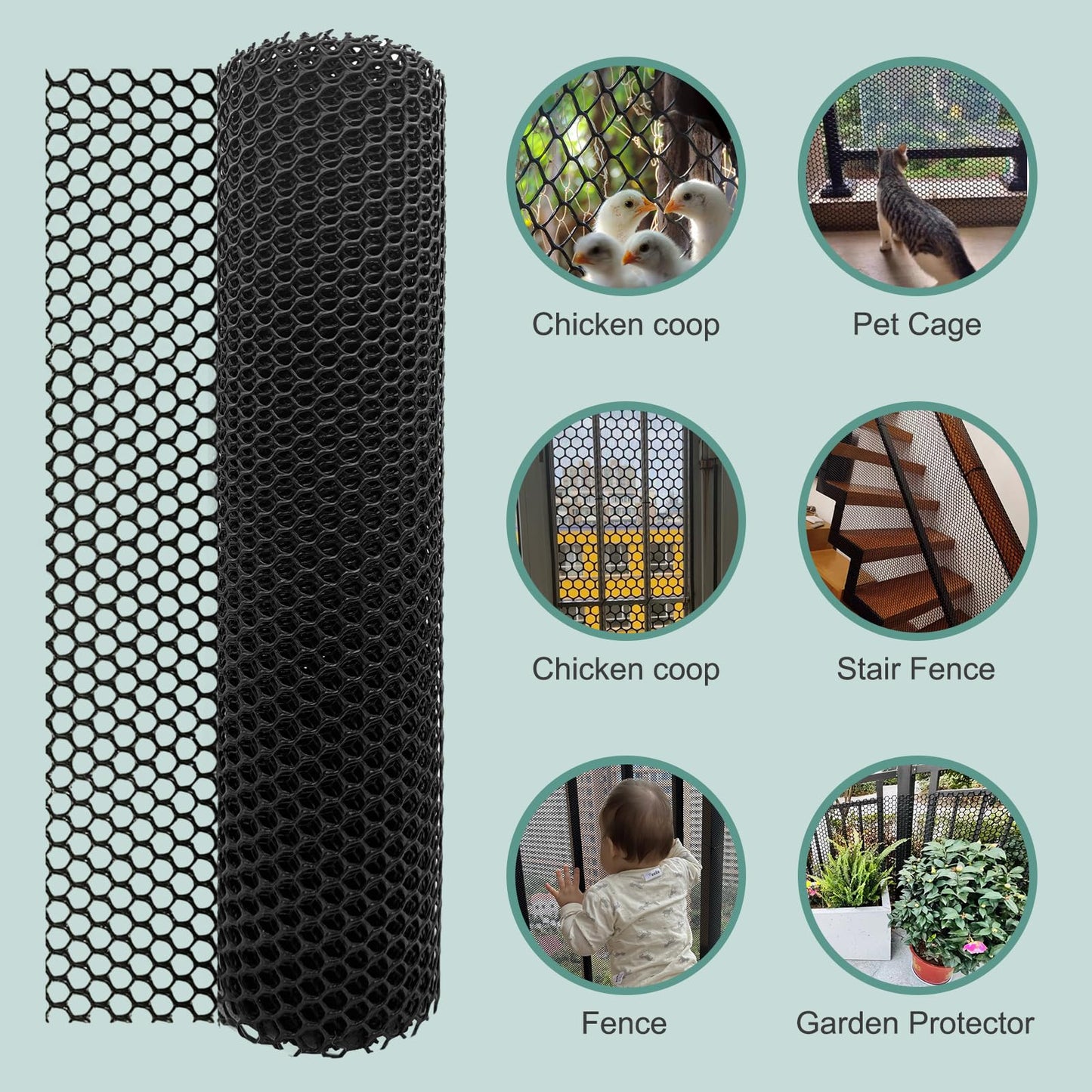 Chicken Plastic Wire Fencing Mesh - Heavy-Duty Plastic Chicken Black Wire Fence Mesh for Gardening, Barrier Netting, Poultry Dogs Rabbit Fencing (Black, 15.7IN x 10FT)