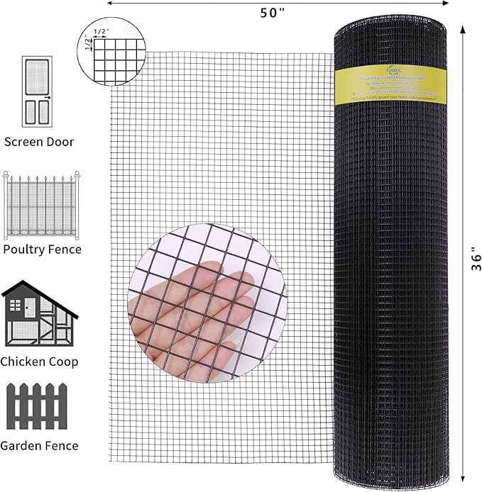 1/2inch Hardware Cloth 24 x 50 ft 19 Gauge Black Vinyl Coated Wire Mesh Roll Welded Wire Fence Roll Poultry Netting Snake Fence Rabbit Cages Rodent Wire Chicken Wire Fencing Gopher Wire Cloth