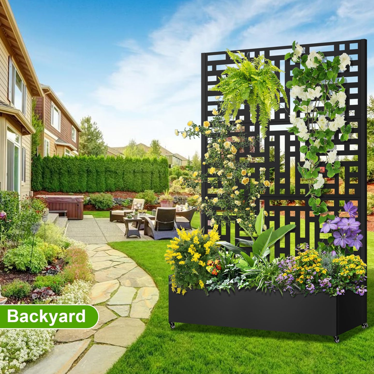 Meyoppm Metal Planter Box with Trellis, 72"x47"x16" Metal Raised Garden Bed with Trellis, Trellis Planter Box with Drainage Holes & Lockable Casters for Climbing Plants, Vegetables, and Vines