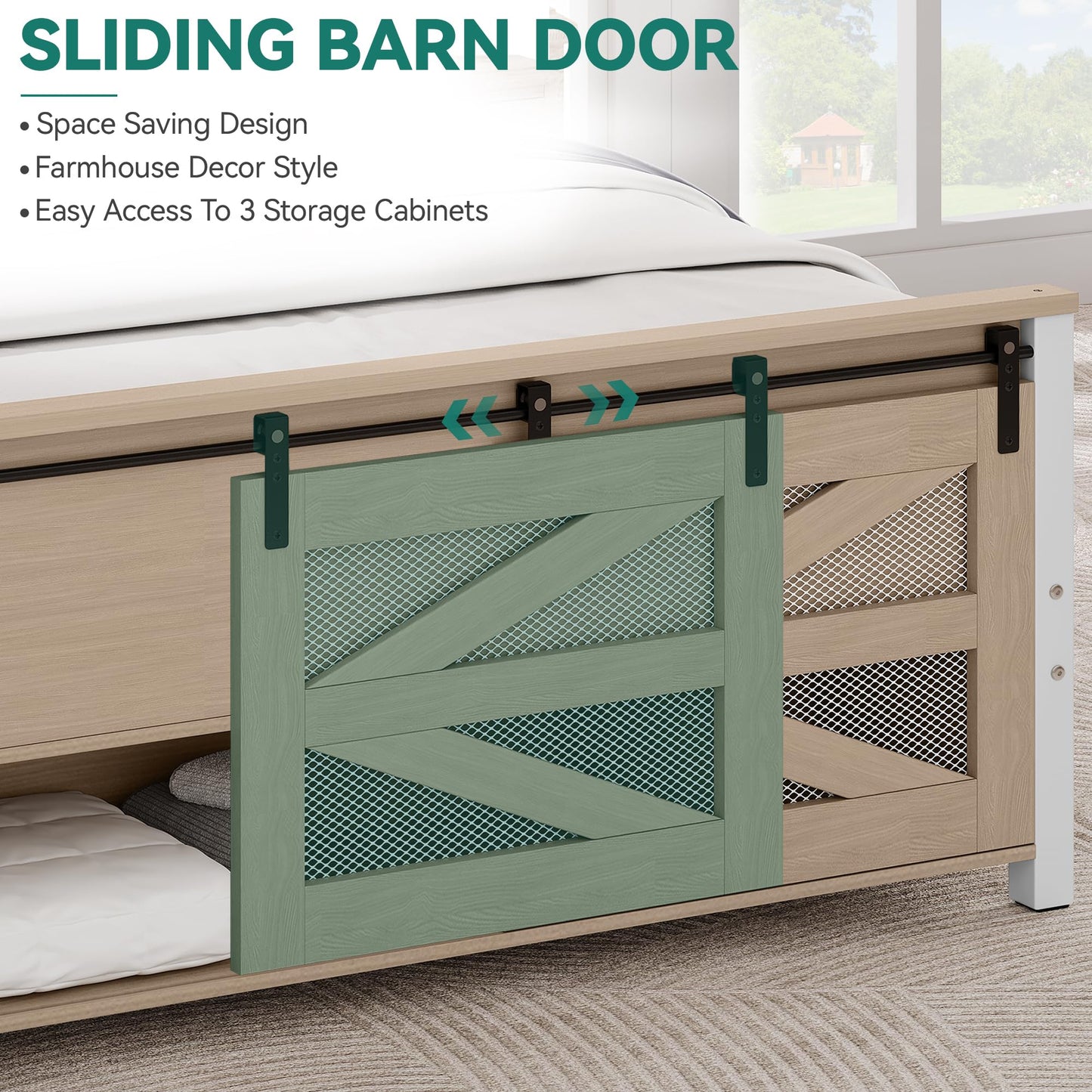 YITAHOME King Size Farmhouse Bed Frame with Sliding Barn Door Storage Cabinets,Platform Bed Frame with 47.2" Headboard, Solid Metal Slats Support, Noiseless, No Box Spring Needed,Oak